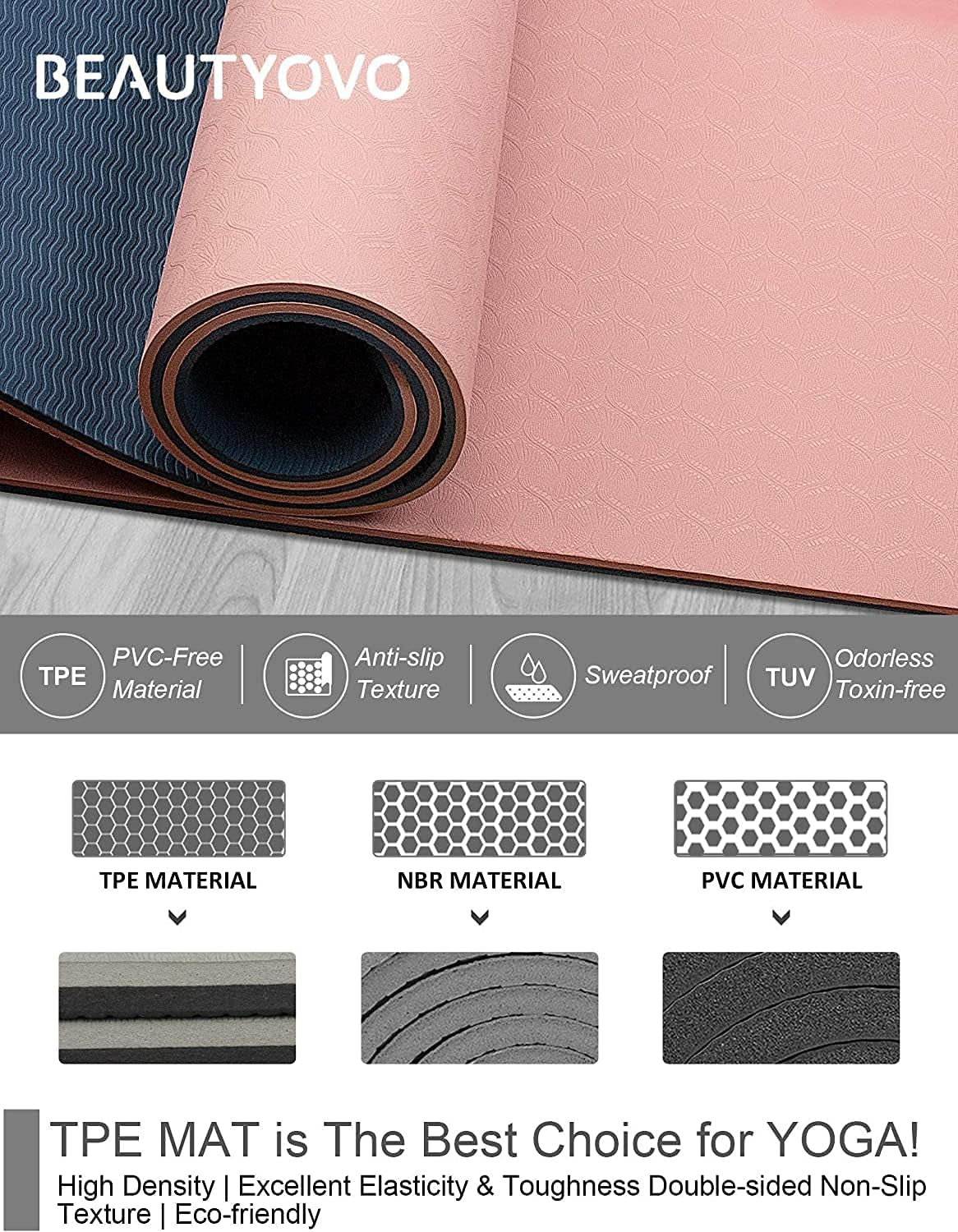 Extra Thick Non-Slip TPE Yoga Mat with Carry Strap (1/3″, Double-Sided)