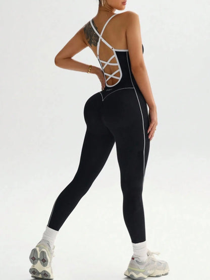 Women'S Seamless High Stretch Knit Halter Sporty Jumpsuit Tight Fit Nine-Quarter Pants, Back Cross Shoulder Straps, Outdoor Cycling Gym Yoga Daily Wear Sports Jumpsuits Workout Jumpsuits Sportswear Jumpsuit