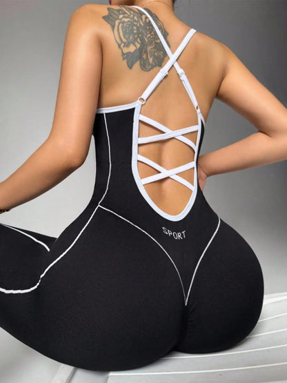 Women'S Seamless High Stretch Knit Halter Sporty Jumpsuit Tight Fit Nine-Quarter Pants, Back Cross Shoulder Straps, Outdoor Cycling Gym Yoga Daily Wear Sports Jumpsuits Workout Jumpsuits Sportswear Jumpsuit