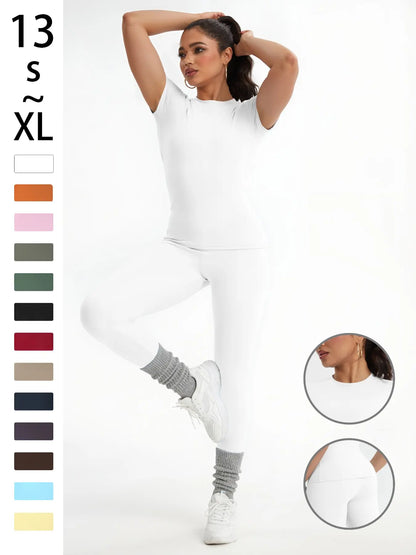 Women'S Sportswear Set, Slim-Fit Short-Sleeve Top and High-Waisted Yoga Pants, Ideal for Gym, Running and Outdoor Activities, Gym Yoga Outfit, High Stretch Activewear, Running Workout Suit, Sporty Style Outfits