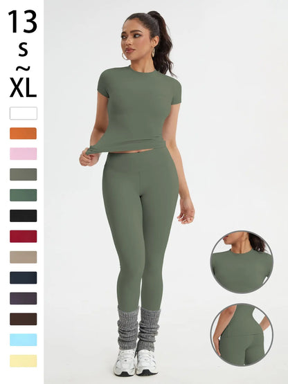 Women'S Sportswear Set, Slim-Fit Short-Sleeve Top and High-Waisted Yoga Pants, Ideal for Gym, Running and Outdoor Activities, Gym Yoga Outfit, High Stretch Activewear, Running Workout Suit, Sporty Style Outfits