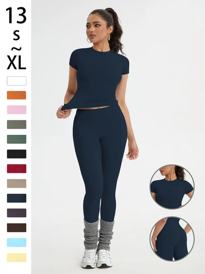 Women'S Sportswear Set, Slim-Fit Short-Sleeve Top and High-Waisted Yoga Pants, Ideal for Gym, Running and Outdoor Activities, Gym Yoga Outfit, High Stretch Activewear, Running Workout Suit, Sporty Style Outfits