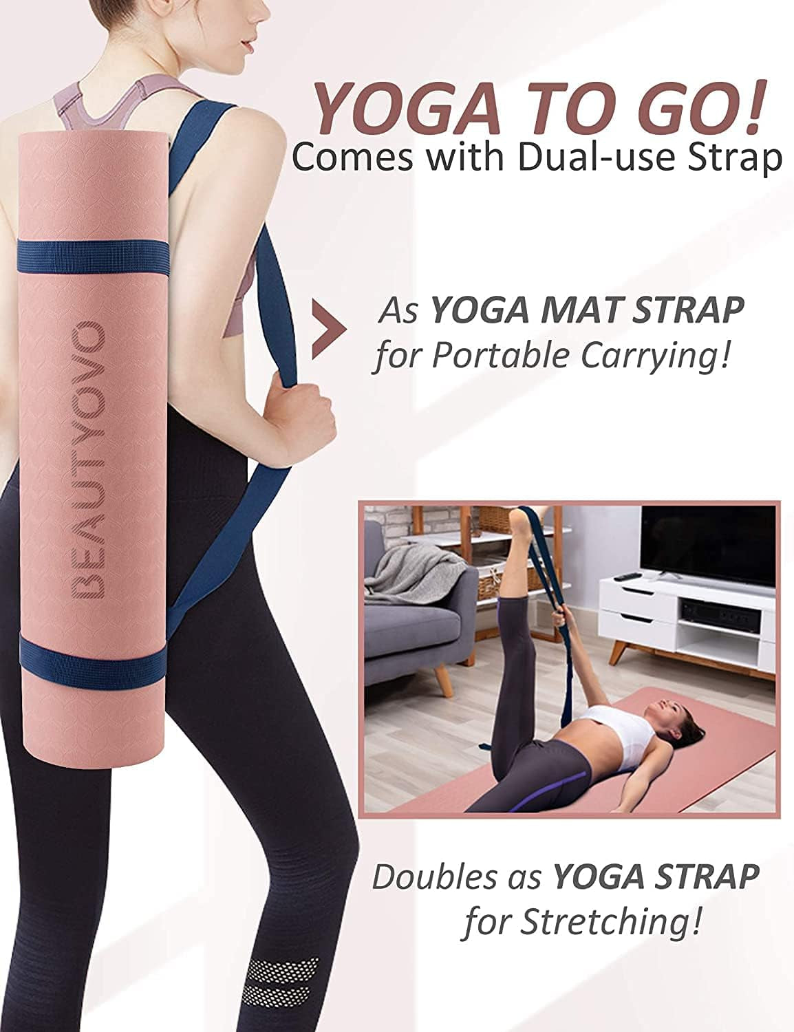 Extra Thick Non-Slip TPE Yoga Mat with Carry Strap (1/3″, Double-Sided)
