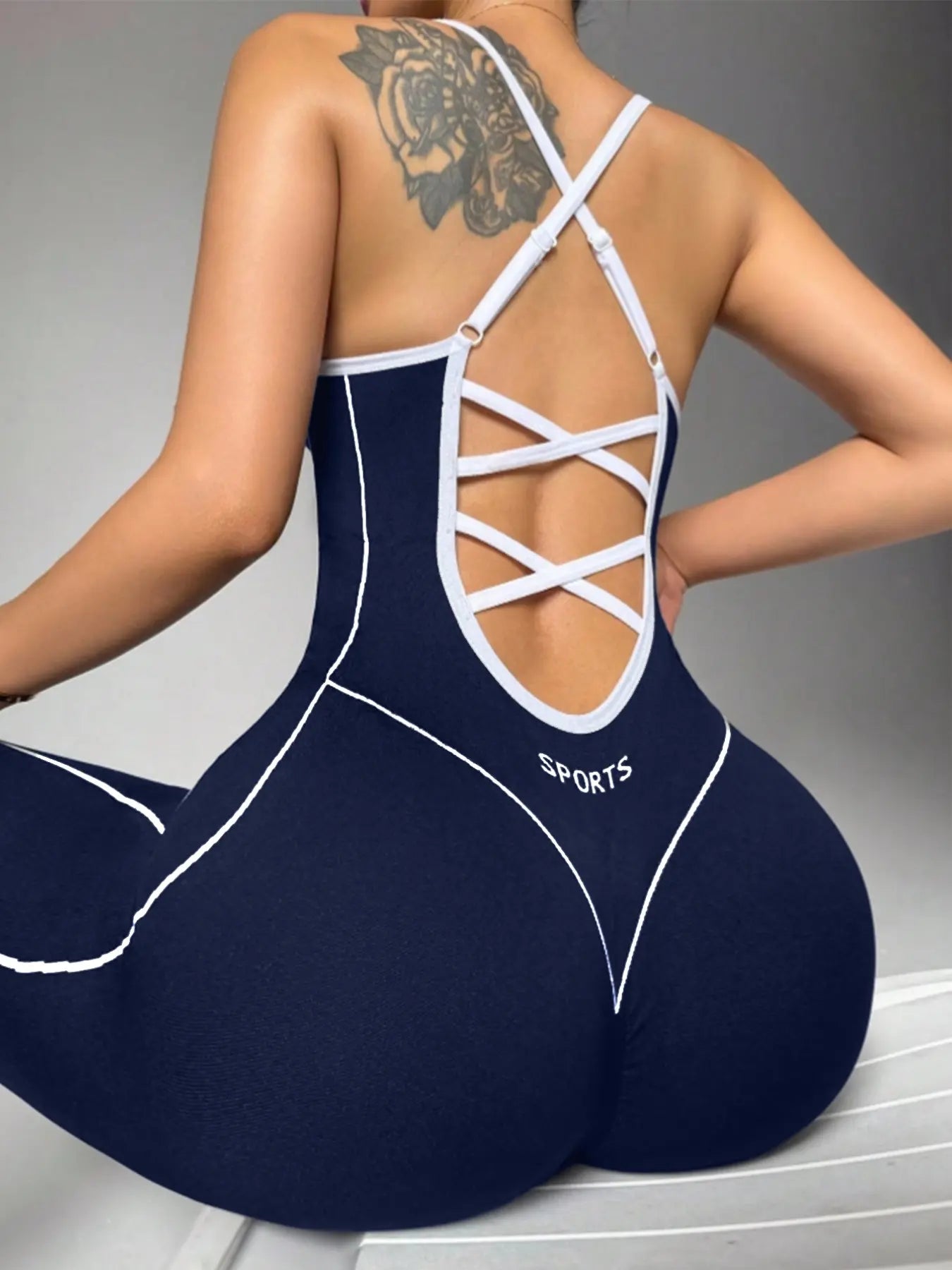 Women'S Seamless High Stretch Knit Halter Sporty Jumpsuit Tight Fit Nine-Quarter Pants, Back Cross Shoulder Straps, Outdoor Cycling Gym Yoga Daily Wear Sports Jumpsuits Workout Jumpsuits Sportswear Jumpsuit