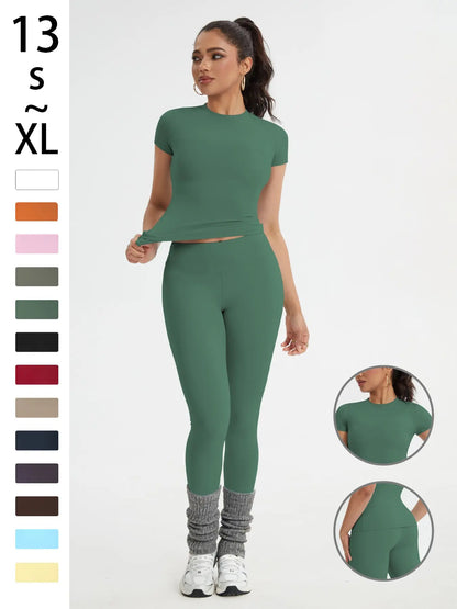 Women'S Sportswear Set, Slim-Fit Short-Sleeve Top and High-Waisted Yoga Pants, Ideal for Gym, Running and Outdoor Activities, Gym Yoga Outfit, High Stretch Activewear, Running Workout Suit, Sporty Style Outfits