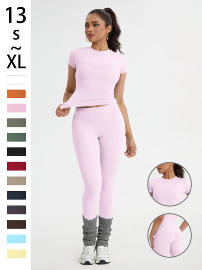 Women'S Sportswear Set, Slim-Fit Short-Sleeve Top and High-Waisted Yoga Pants, Ideal for Gym, Running and Outdoor Activities, Gym Yoga Outfit, High Stretch Activewear, Running Workout Suit, Sporty Style Outfits