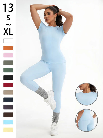 Women'S Sportswear Set, Slim-Fit Short-Sleeve Top and High-Waisted Yoga Pants, Ideal for Gym, Running and Outdoor Activities, Gym Yoga Outfit, High Stretch Activewear, Running Workout Suit, Sporty Style Outfits