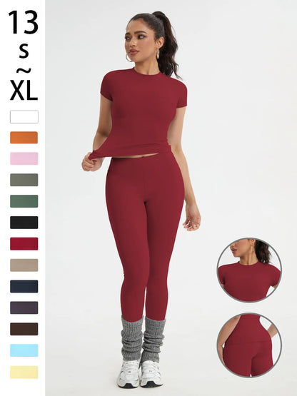 Women'S Sportswear Set, Slim-Fit Short-Sleeve Top and High-Waisted Yoga Pants, Ideal for Gym, Running and Outdoor Activities, Gym Yoga Outfit, High Stretch Activewear, Running Workout Suit, Sporty Style Outfits