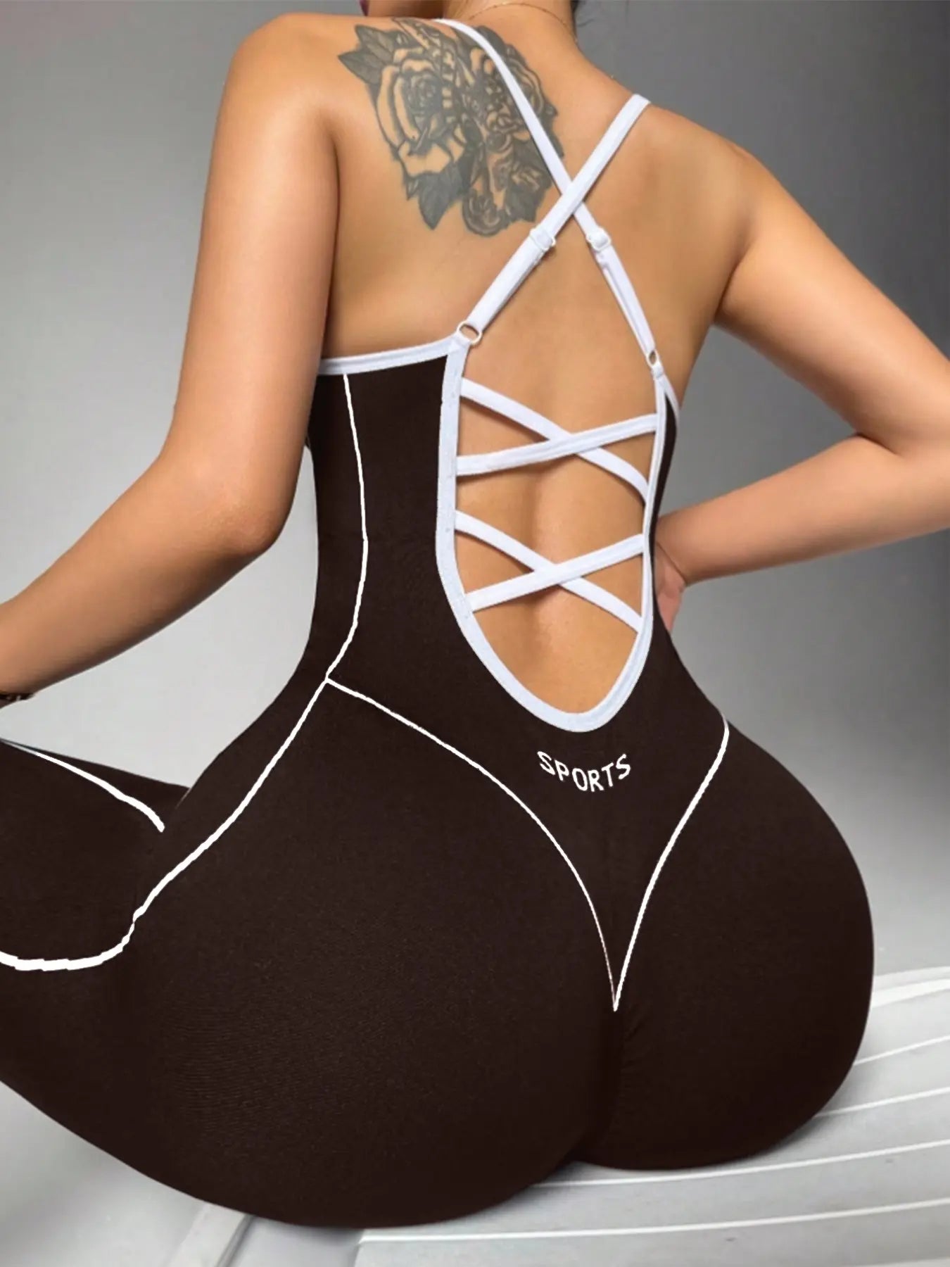 Women'S Seamless High Stretch Knit Halter Sporty Jumpsuit Tight Fit Nine-Quarter Pants, Back Cross Shoulder Straps, Outdoor Cycling Gym Yoga Daily Wear Sports Jumpsuits Workout Jumpsuits Sportswear Jumpsuit
