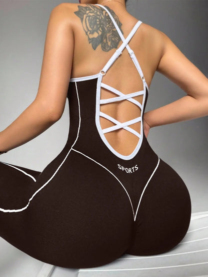 Women'S Seamless High Stretch Knit Halter Sporty Jumpsuit Tight Fit Nine-Quarter Pants, Back Cross Shoulder Straps, Outdoor Cycling Gym Yoga Daily Wear Sports Jumpsuits Workout Jumpsuits Sportswear Jumpsuit